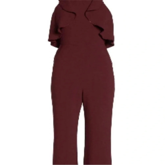 Charles Henry | Burgundy Wide Leg Ruffle Tie Up Halter Jumpsuit with Zipper Back - Picture 2 of 9